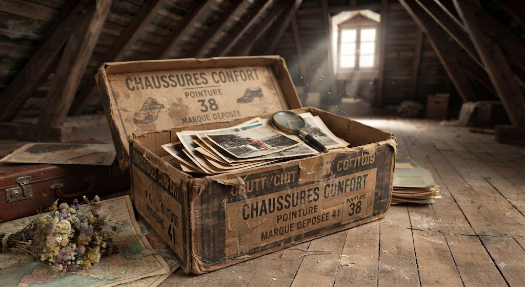 Un carton de photos retrouvé dans un grenier, ouvert sur des tirages et une loupe.