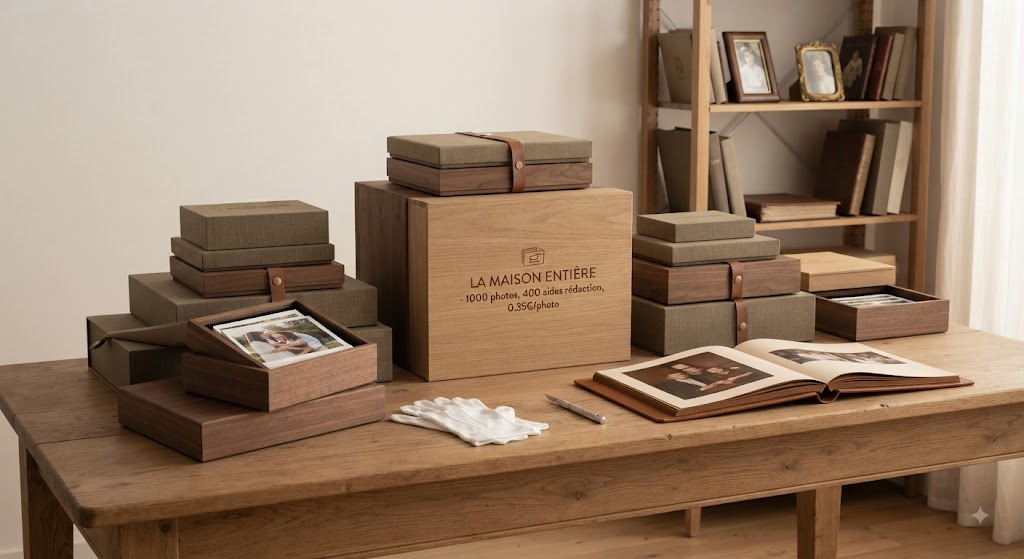 Une vingtaine de boîtes de photos empilées sur une grande table, devant une bibliothèque de cadres.